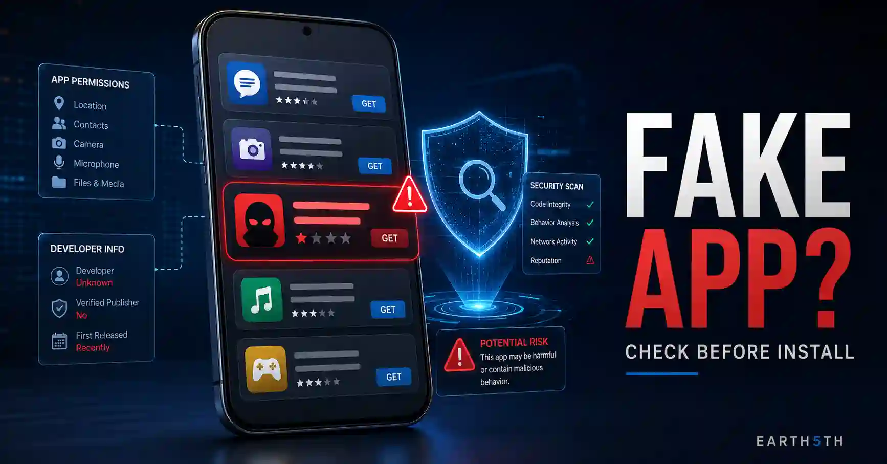 Smartphone-ൽ fake apps തിരിച്ചറിയാൻ app details, permissions, developer information എന്നിവ പരിശോധിക്കുന്ന ദൃശ്യം