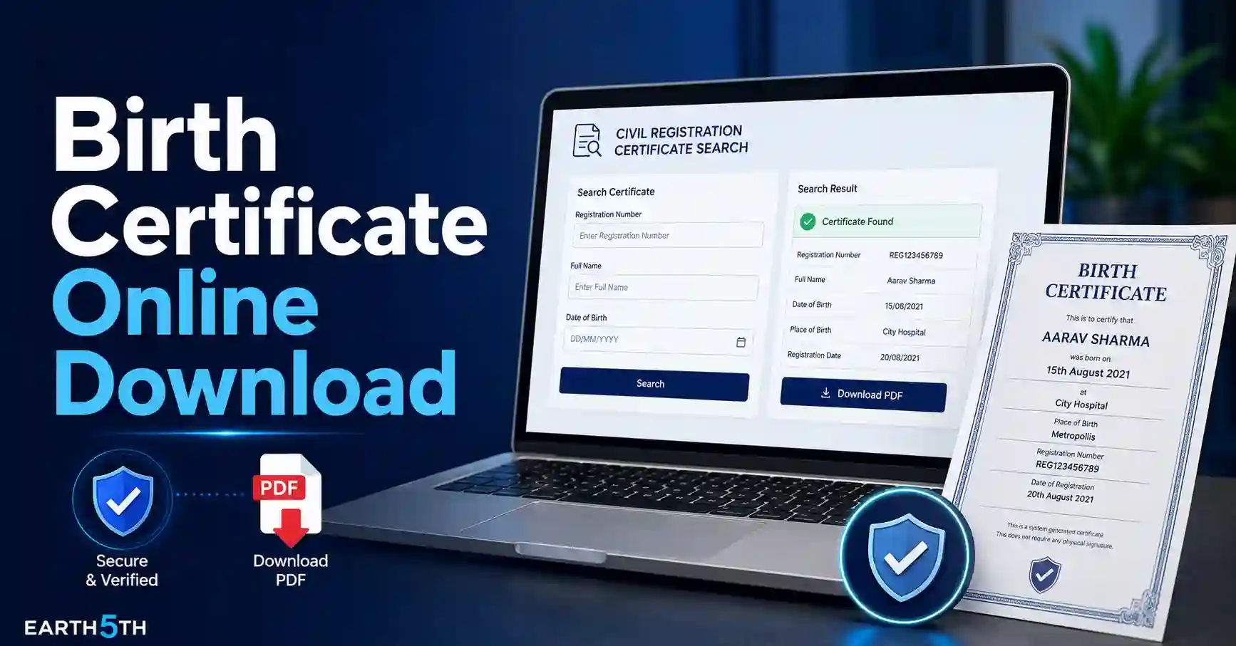 Laptop showing a Kerala birth certificate online search and download concept through K-SMART.