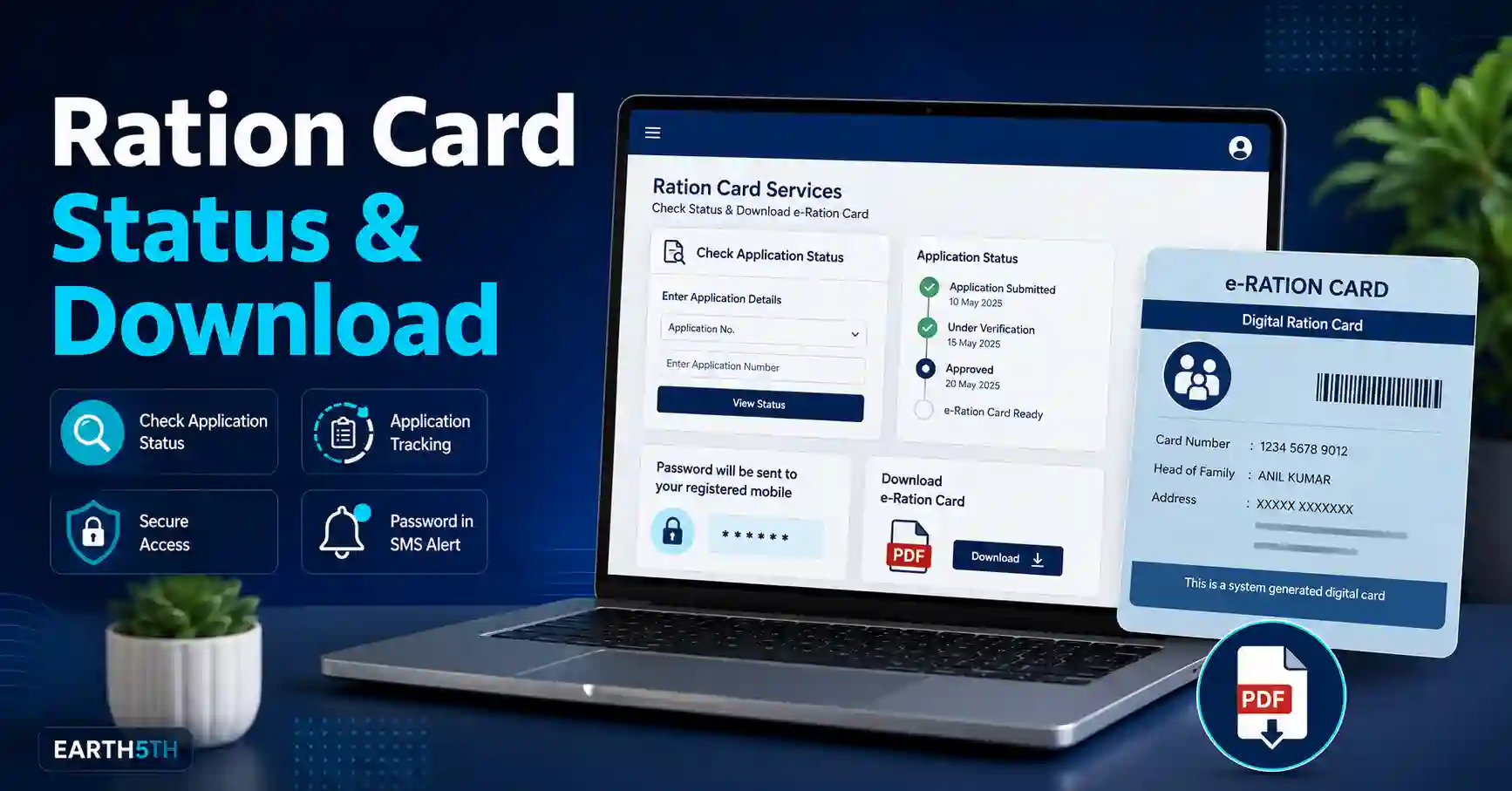 Laptop showing Kerala ration card status checking and e-Ration Card download concept.