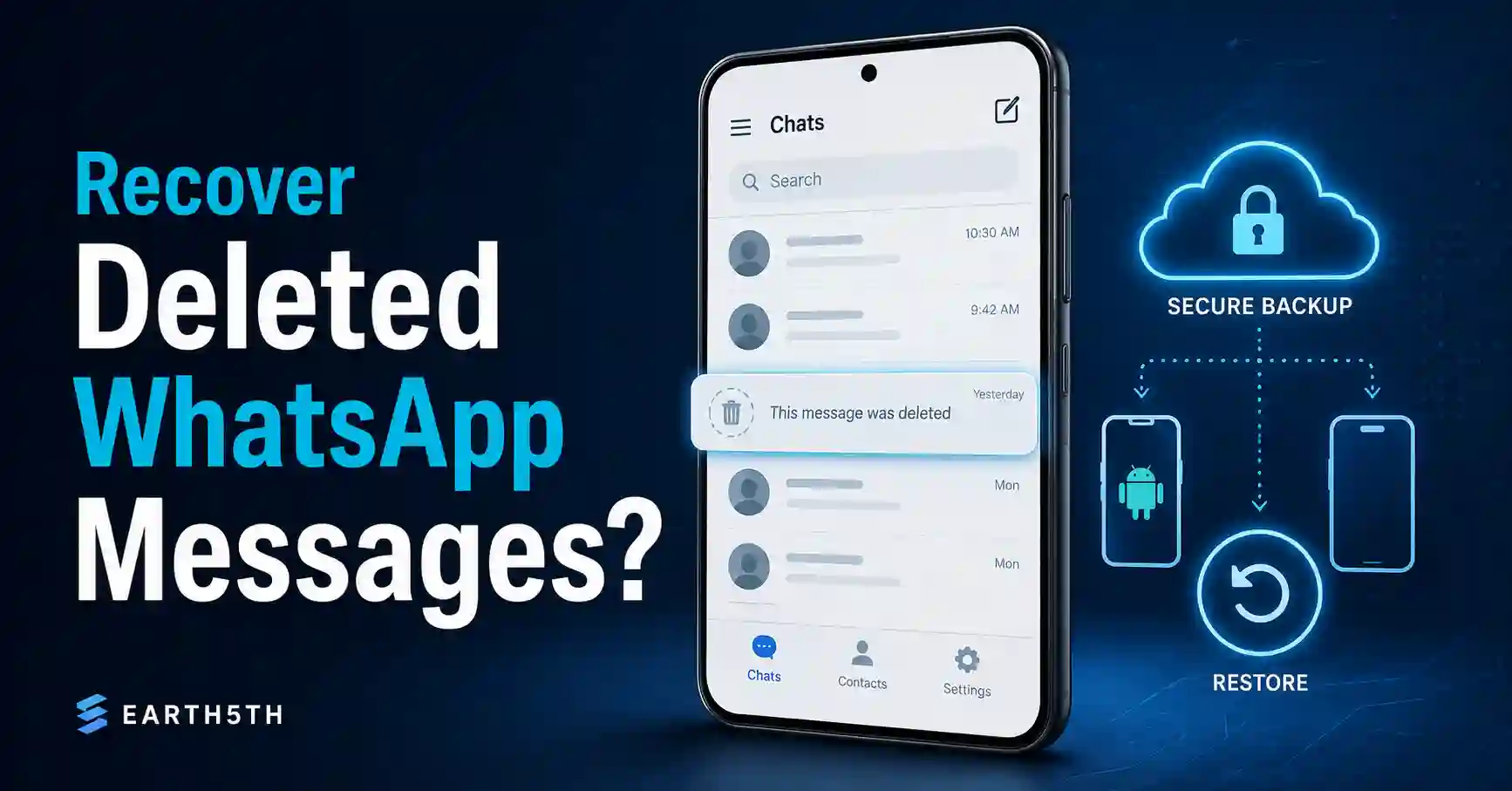 WhatsApp Deleted Messages Recover ചെയ്യാൻ backup ഉപയോഗിക്കാമോ? Android, iPhone official restore methods, limits, safety warnings എന്നിവ ഈ guide-ൽ അറിയാം.