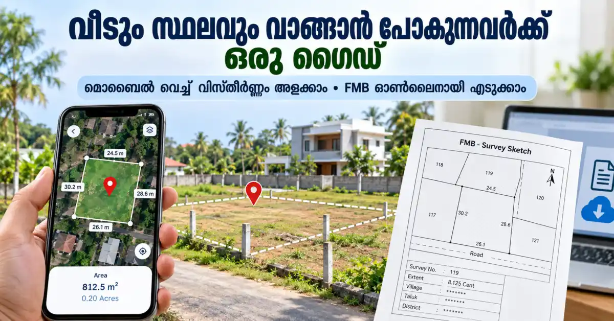 വീടും സ്ഥലവും വാങ്ങാൻ പോകുന്നവർക്കൊരു ഗൈഡ്: മൊബൈൽ വെച്ച് വിസ്തീർണ്ണം അളക്കാനും, സർവ്വേ സ്കെച്ച് (FMB) ഓൺലൈനായി എടുക്കാനും പഠിക്കാം