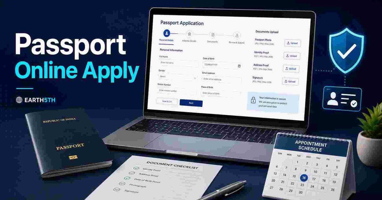 Laptop and Indian passport application documents representing the Passport Seva online application process.